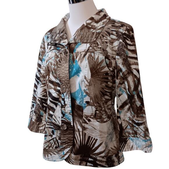 CHICO'S 2 Light Jacket Cute Buttons 12 LG Office Travel Leaves‎ Animal Turquoise - Picture 3 of 12